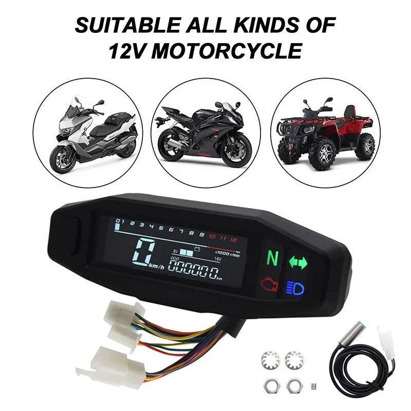 Universal Digital Motorcycle Speedometer &amp; Tachometer | LCD Odometer, Oil Gauge, Turn Signal Indicator - One-Sake.com