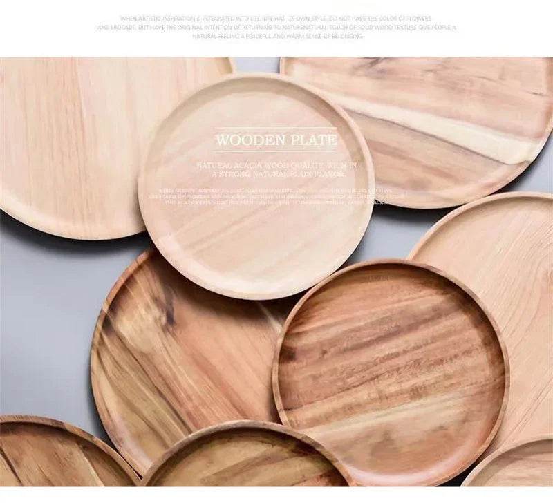 Acacia Wood Round Serving Platter – 15/20/25cm Retro Pizza, Salad & Dessert Tray - One-Sake.com