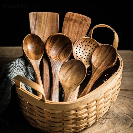 4/7Pcs Teak Wood Kitchen Utensil Set – Natural Wooden Spoons, Ladles & Skimmers for Cooking & Serving - One-Sake.com