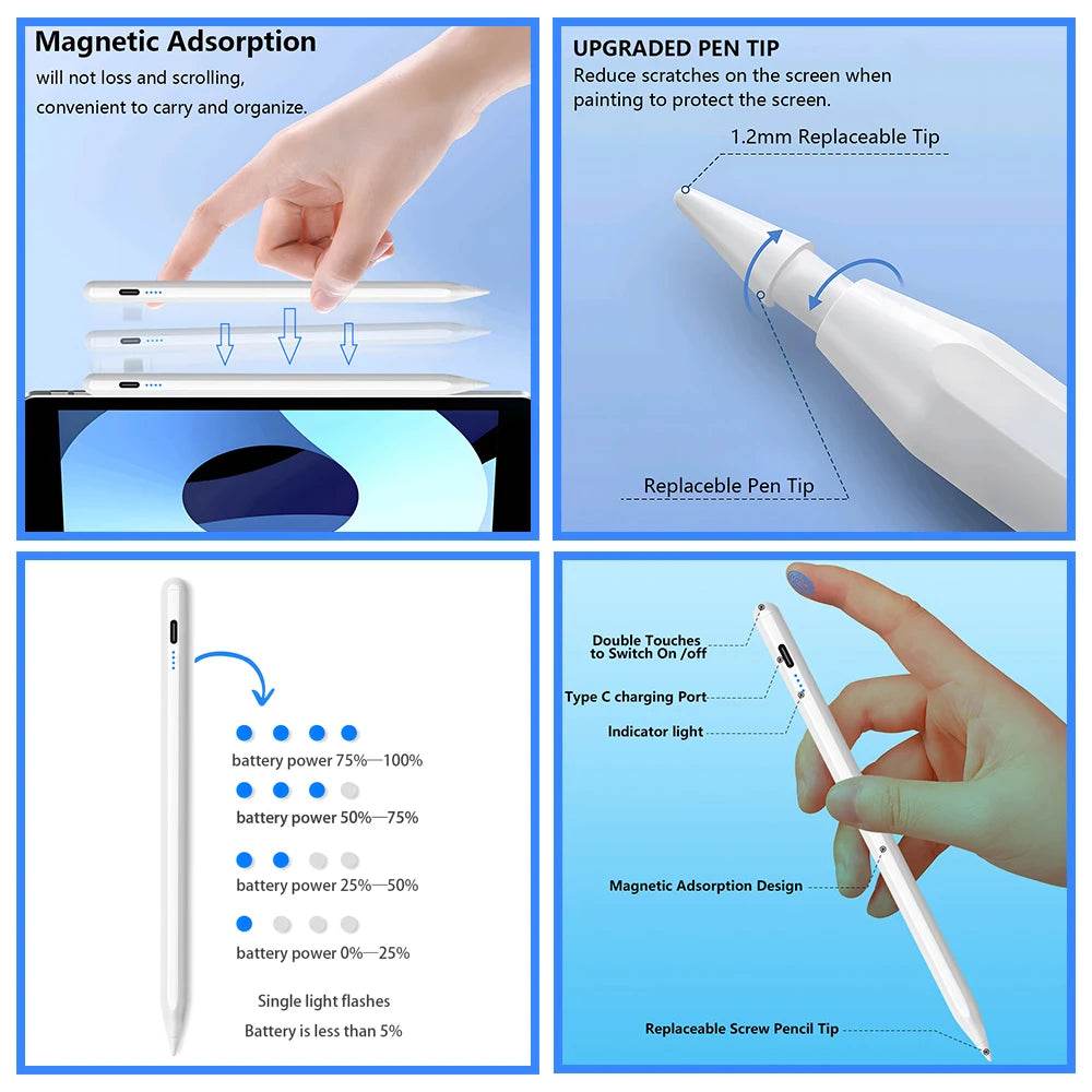 Stylus Pen For Apple Pencil with LED Power Indicators Palm Rejection Touch Pencil for 2022 2021 2020 2019 2018 iPad pencil - One-Sake.com