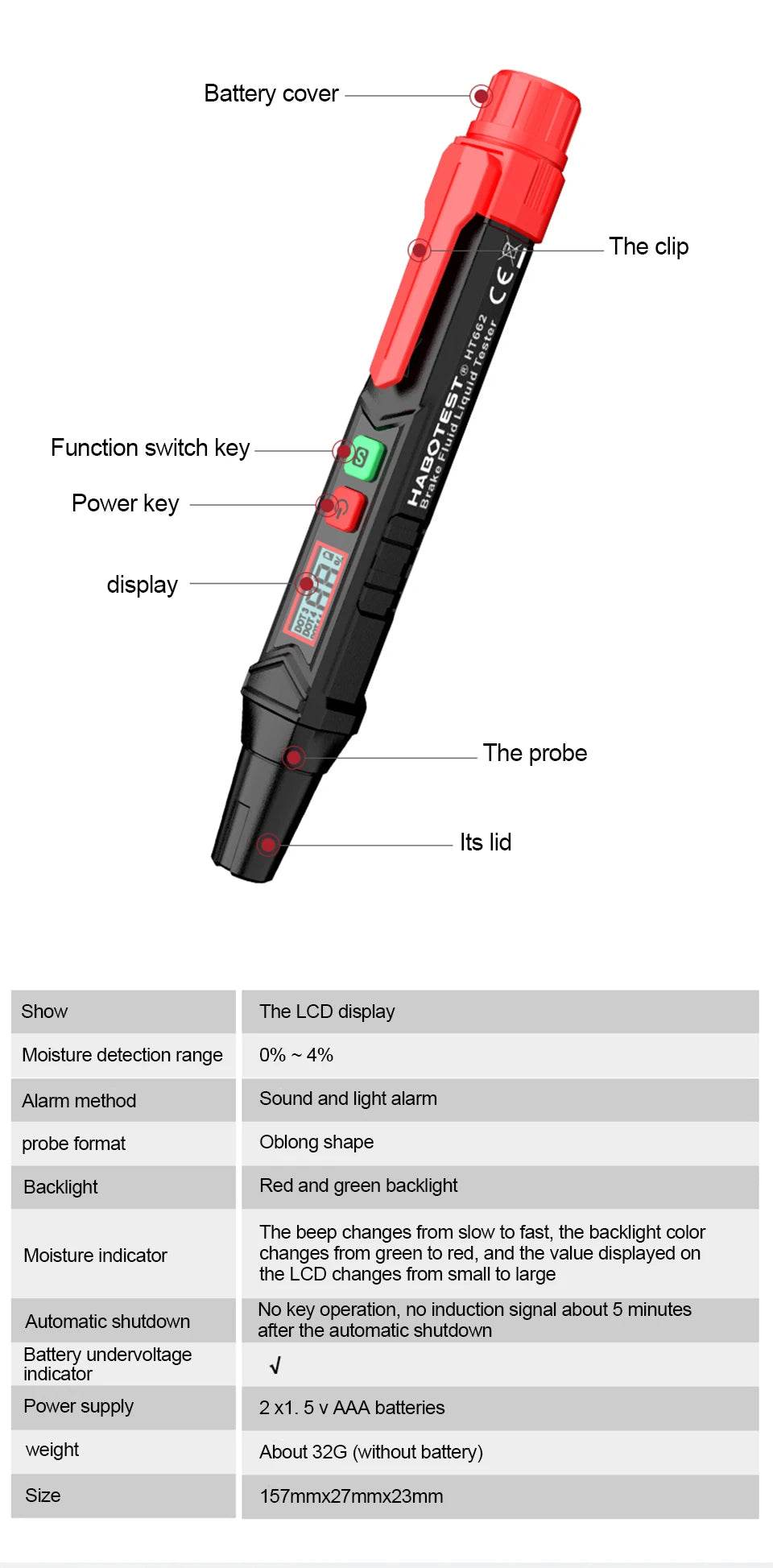 HGKJ Brake Fluid Tester Pen – Digital Automotive Oil Moisture Detector with Sound &amp; Light Alarm [DOT3/DOT4/DOT5.1 Compatibility | LCD Display &amp; Tri-Color Backlight] - One-Sake.com