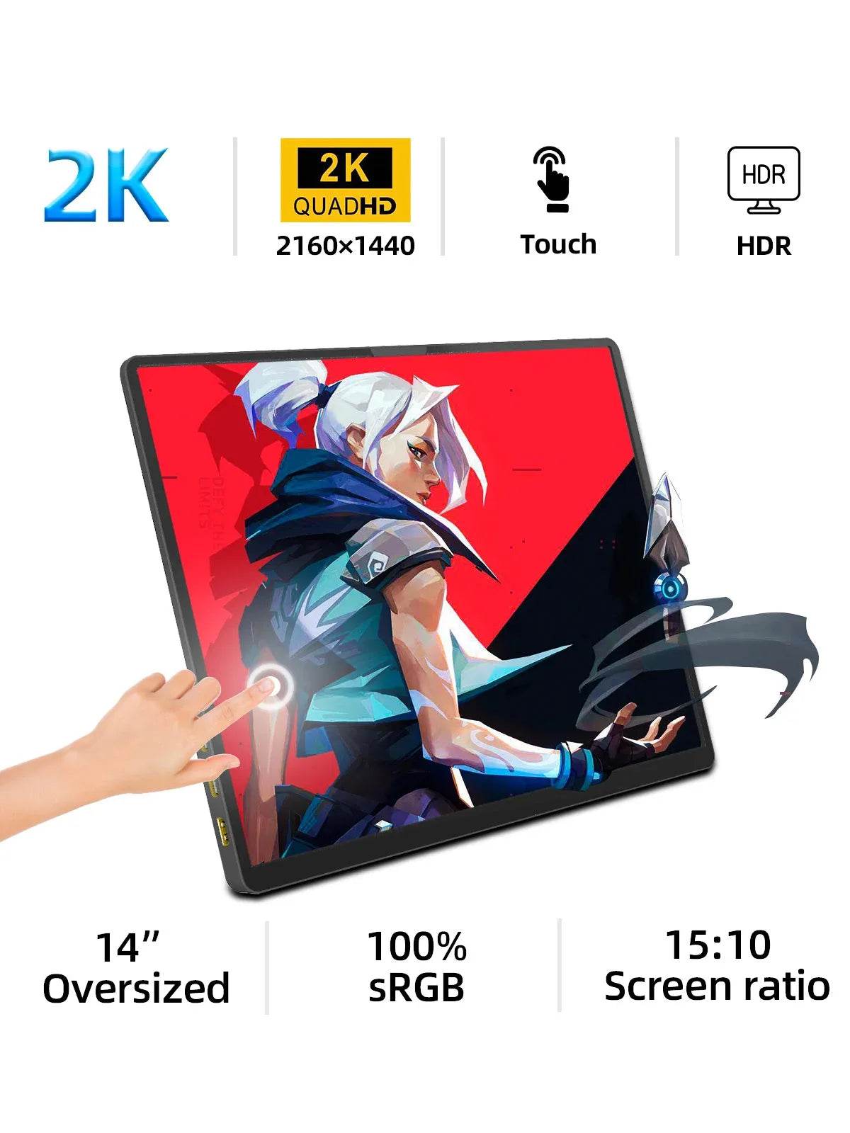 ZSUS 2160*1440 14-inch 2K Portable Monitor 60HZ For Laptop XBox PS4 / 5 Switch TV Box Cell Phone PC Extension Mobile - One-Sake.com