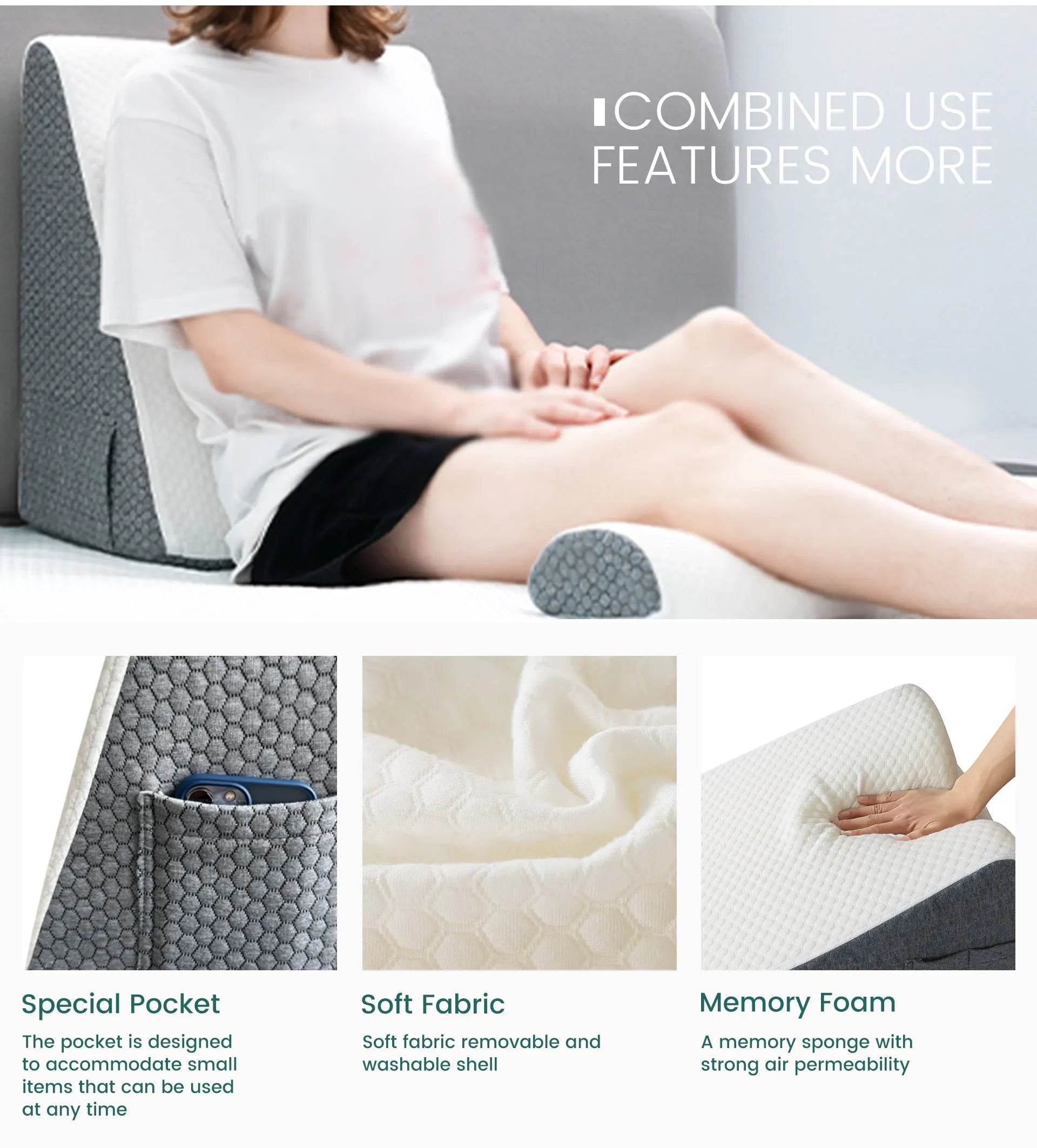 2 Pcs Memory Foam Bed Wedge Pillow/Neck Pillow For Back, Leg, And Knee - Triangle Pillow With Removable Cover - One-Sake.com