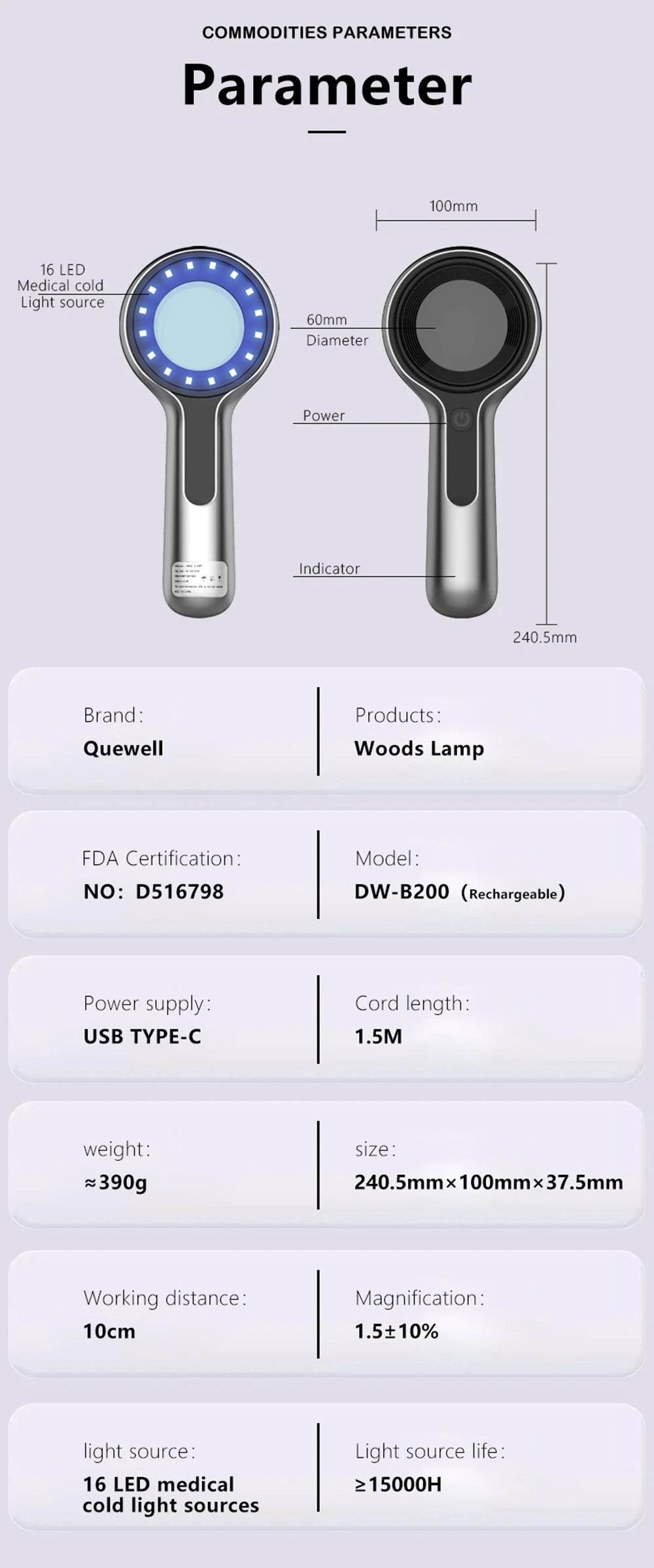 NEW DW-B200 Woods Lamp Skin Analyzer – 365nm UV LED Magnifier for Vitiligo, Acne &amp; Psoriasis Detection | Handheld UV Skin Inspection Tool with 1.5x Magnification &amp; Rechargeable Battery - One-Sake.com