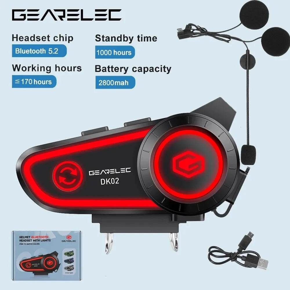 GEARELEC DK02 Bluetooth Motorcycle Helmet Headset – IPX7 Waterproof, 2800mAh Battery, Ambient Lights & Stereo Sound - One-Sake.com