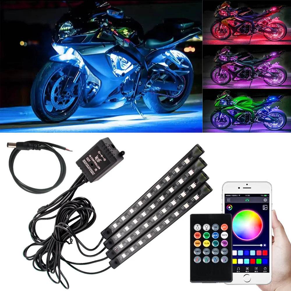 RGB APP-Controlled LED Motorcycle & Car Atmosphere Light Strip - 12V Waterproof Sound-Activated Foot Lamp for Moto Decoration - One-Sake.com