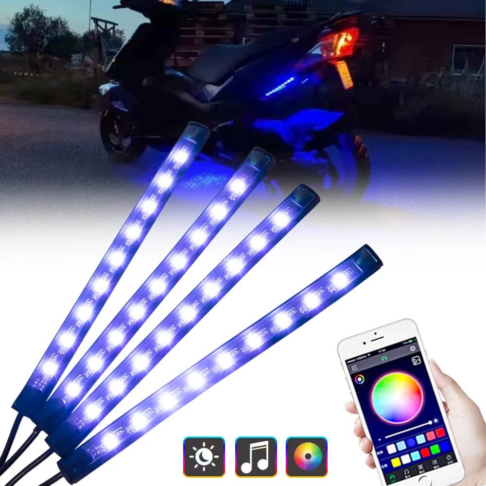 RGB APP-Controlled LED Motorcycle & Car Atmosphere Light Strip - 12V Waterproof Sound-Activated Foot Lamp for Moto Decoration - One-Sake.com