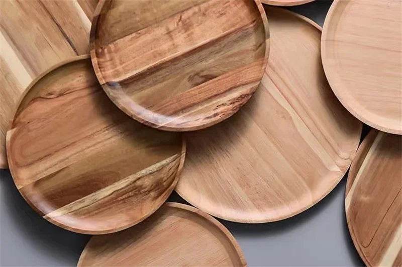 Acacia Wood Round Serving Platter – 15/20/25cm Retro Pizza, Salad & Dessert Tray - One-Sake.com
