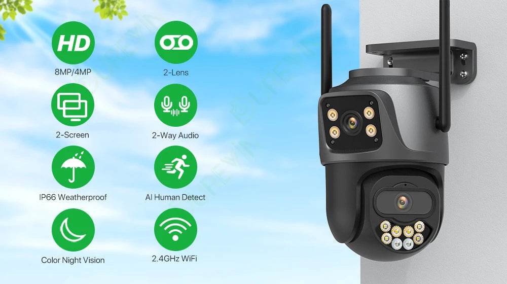 External WiFi PTZ Camera Dual Lens 4K 8MP HD – Outdoor IP Security Camera with Auto Tracking, Full Color Night Vision &amp; IP66 Waterproof [iCSee P2P Remote Monitoring | 2-Way Audio | SD Card &amp; Cloud Storage] - One-Sake.com
