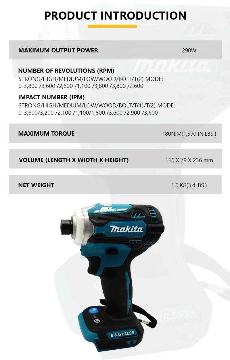 Makita DTD172 18V Cordless Impact Screwdriver – Brushless Motor, 180N.M High Torque, Tungsten Steel Shaft | Stepless Speed Control for Wood, Bolt, T-Mode (Power Tools for Construction, Woodworking, Maintenance) - One-Sake.com