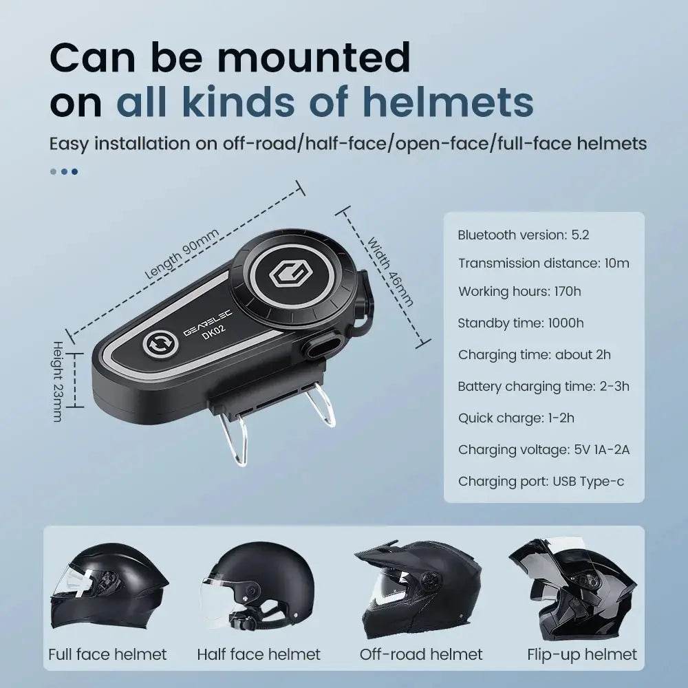 GEARELEC DK02 Bluetooth Motorcycle Helmet Headset – IPX7 Waterproof, 2800mAh Battery, Ambient Lights & Stereo Sound - One-Sake.com