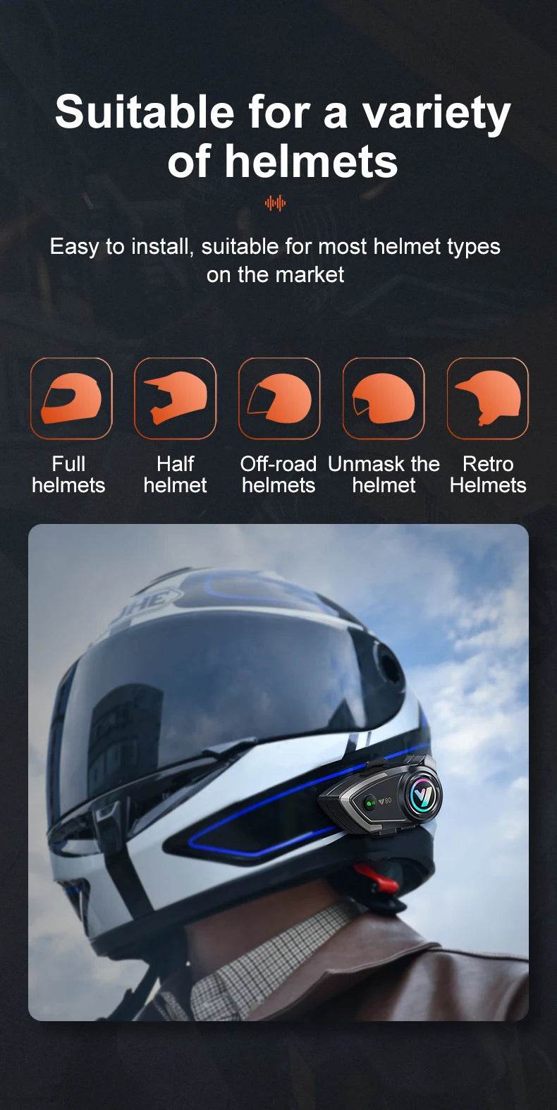 Y80 Bluetooth 5.3 Motorcycle Headset - Hands-Free Calling, Music, and GPS Navigation - One-Sake.com