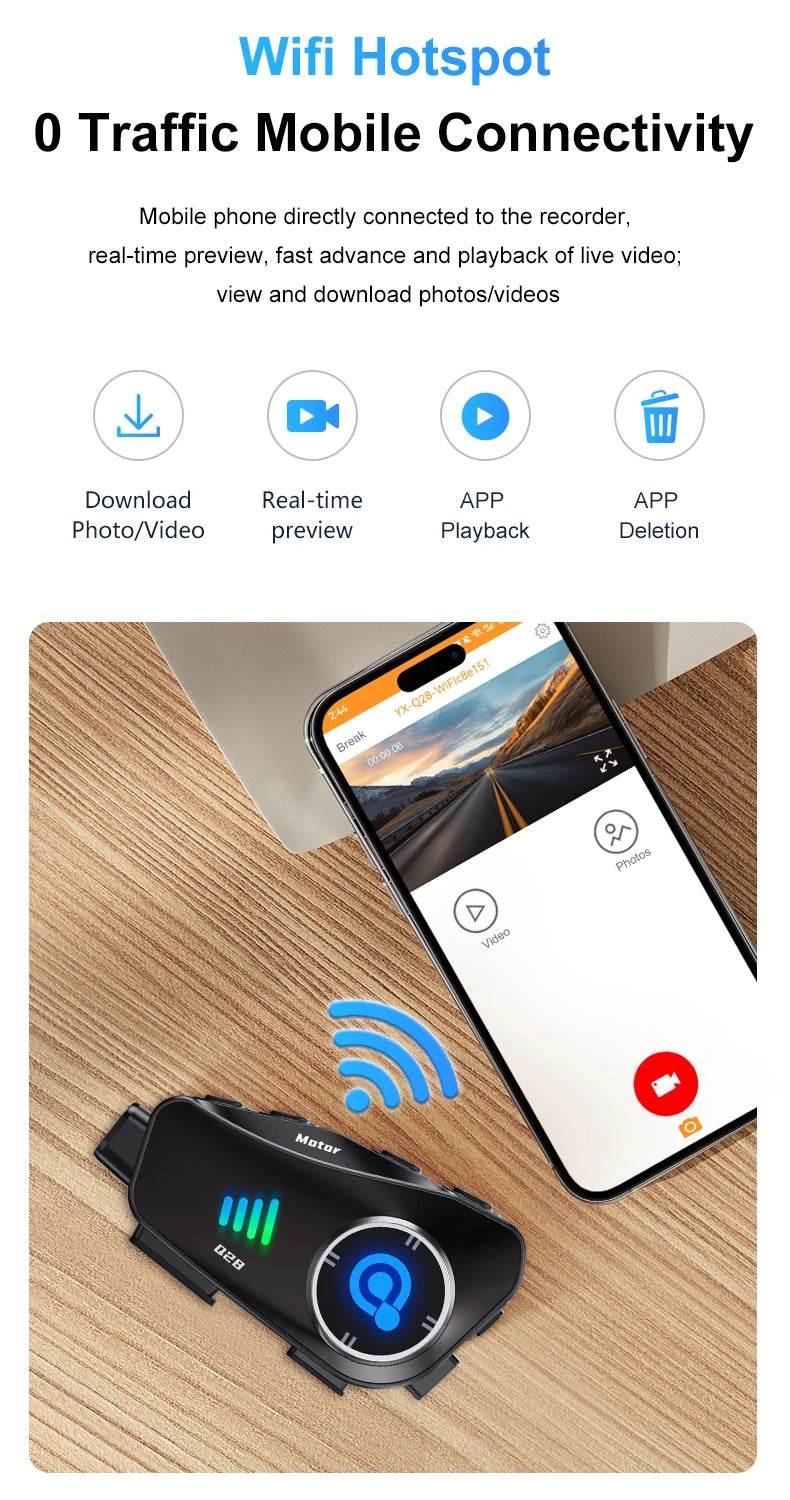 Q28 Motorcycle Helmet Bluetooth Headset with 1080P HD Camera - IP66 Waterproof, Super Wide-Angle Lens & WiFi Video Recorder - One-Sake.com