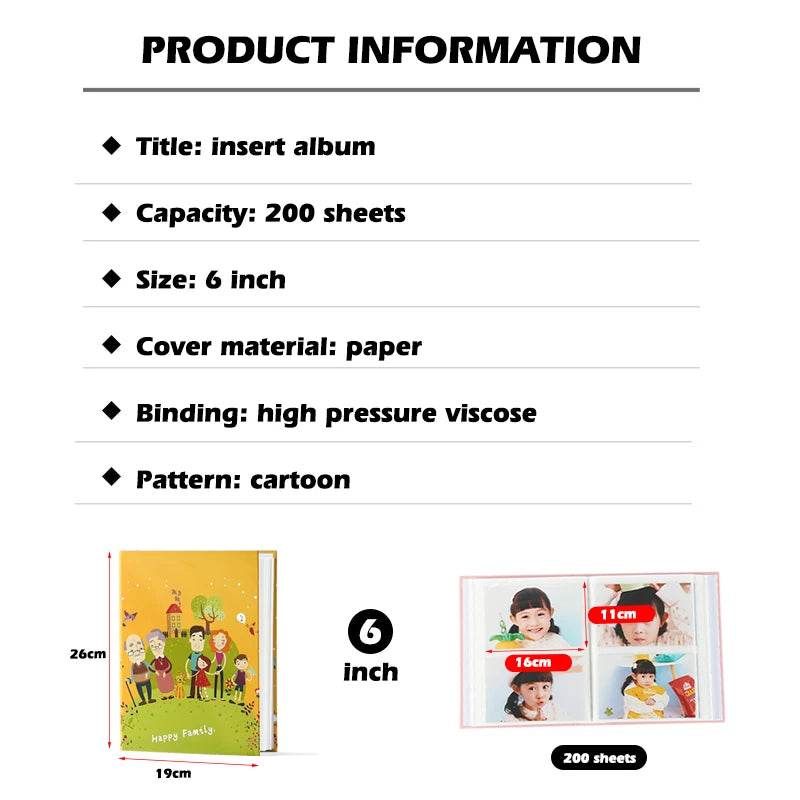 6-Inch Foldout Family Photo Album – 200-Sheet Large Capacity Children Growth Album with Plastic Sealed Pages &amp; Cartoon Pattern – Paper Cover &amp; High-Pressure Binding - One-Sake.com