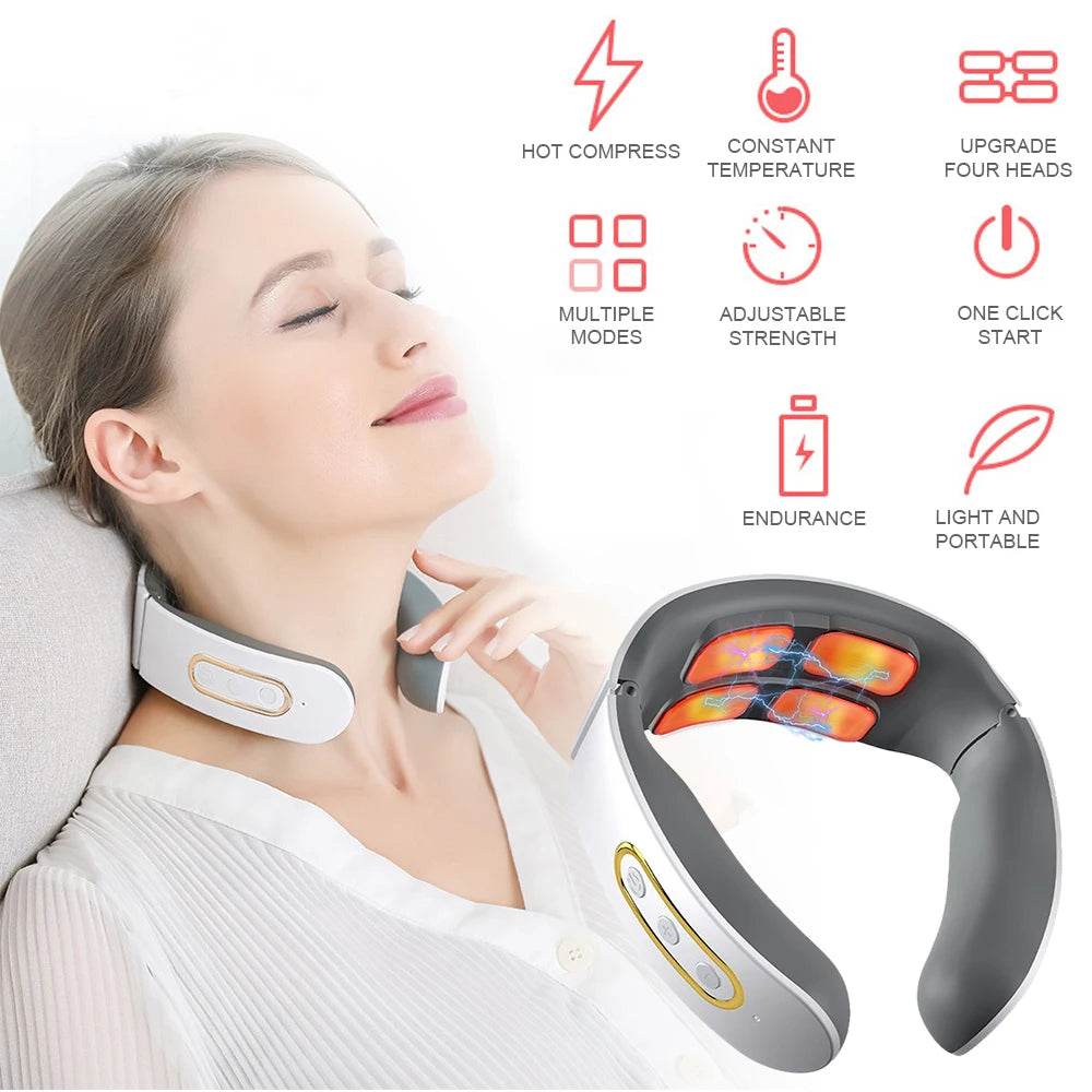 4-Head Electric Neck & Shoulder Massager – TENS Magnetic Pulse, Heat Therapy & 6 Modes for Cervical Pain Relief - One-Sake.com